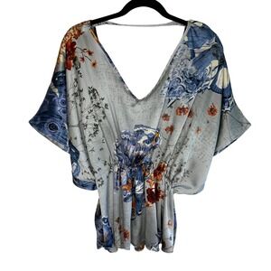 Vtg Mystic Y2K Blue Orange Floral Butterfly Print Top M L Kaftan Tunic Dolman